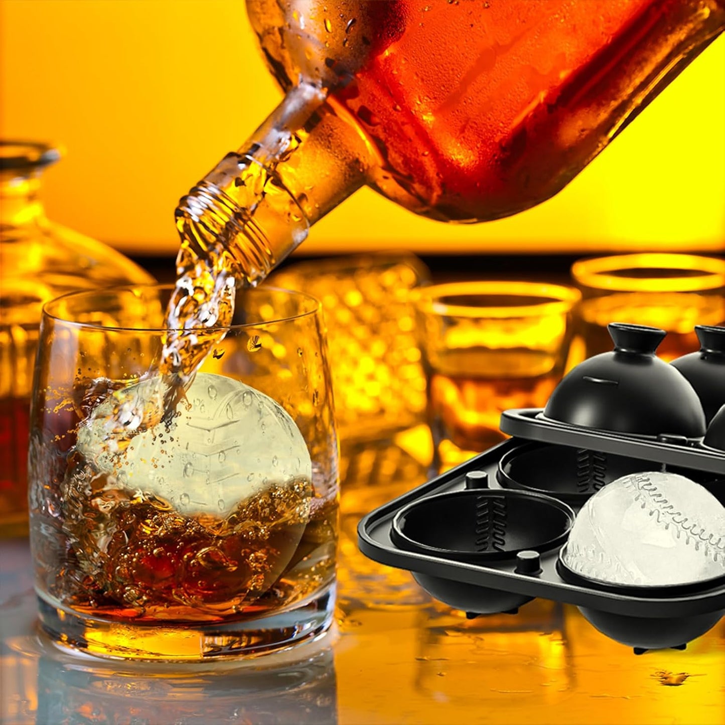 4 Pack Baseball Ice Cube Mold 2.2 Inch Large Silicone Round Ice Cube Molds Fun Shapes Craft Sphere Ice Molds Novelty Gifts Stuff for Men and Women Cocktails, Bourbon,Brandy, Whiskey(4, Baseball)