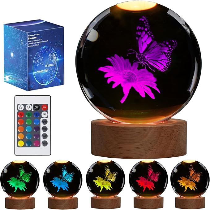 Butterfly Crystal Night Light, Butterfly Gifts, K9 3.15 Inch（80mm） Crytstal Lamp with 16 Colors Remote Upgraded Lamp Gifts for Women Wife Girlfriend