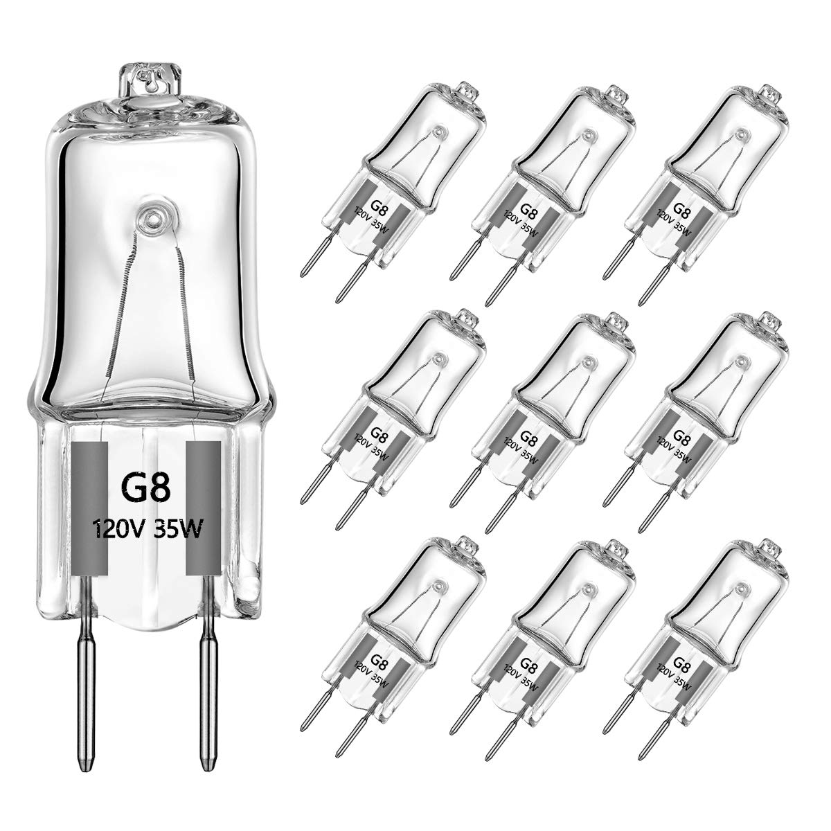 AHEVO G8 Halogen Light Bulbs 35W 120V Soft White 10 Pack Glass Bi-Pin Shorter T4 JCD for Under Cabinet Lighting