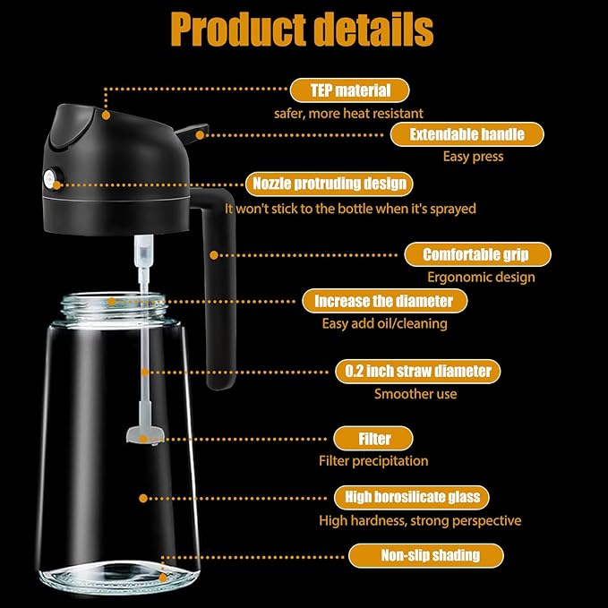 Oil Sprayer for Cooking 2 in 1 Olive Dispenser Bottle 16oz/470ml Kitchen Gadgets for Air Fryer, Salad, BBQ - Glass Mister Spray -Transparent Black