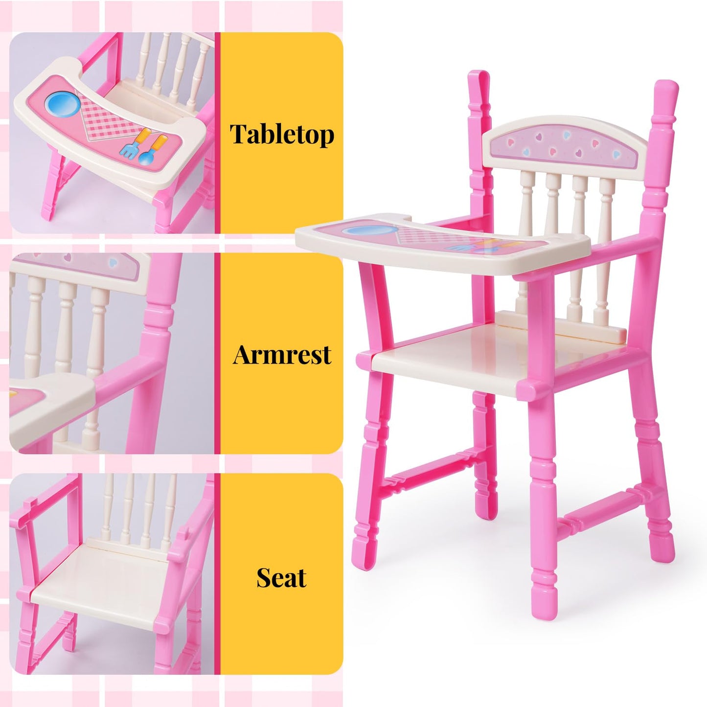 BABESIDE Baby Doll High Chair Toy Dining Chair for 10-12 Inch Dolls, Pretend Play Baby Doll Toy High Chair