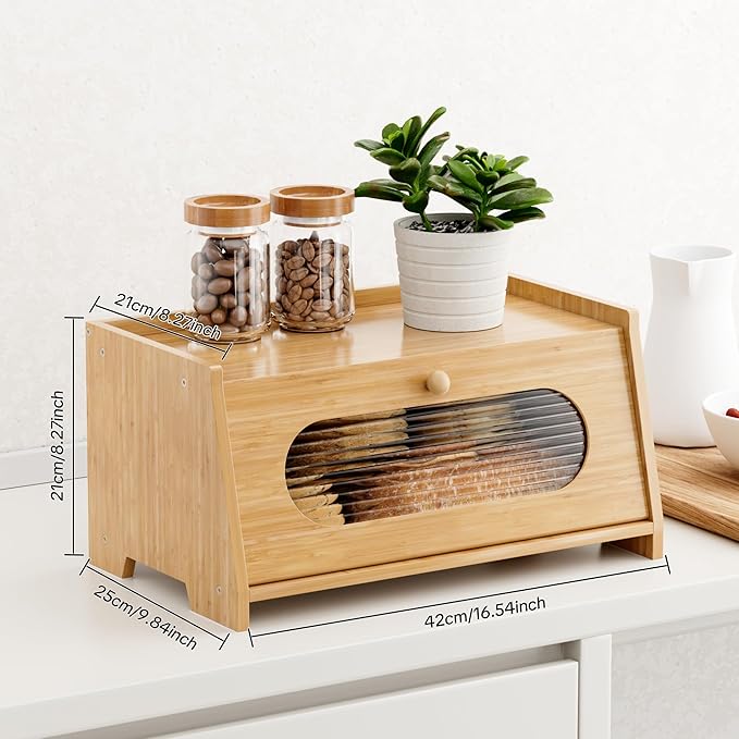 Bamboo Bread Box for Kitchen Countertop,Large Capacity Kitchen Countertop Organizer,Bread Storage with Acrylic Window for Cabinet,Pantry,Cupboard