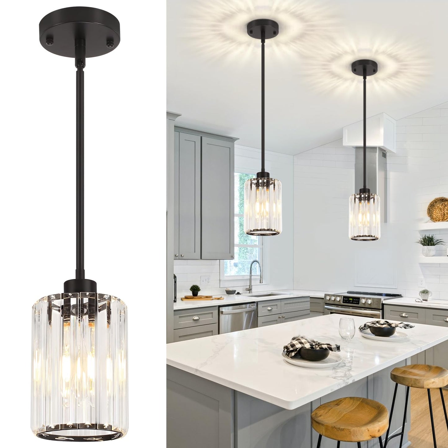 Zsmihdoh 2 Pack Black Pendant Light  Modern Crystal Pendant Lights Kitchen Island Lighting  Hanging Light Fixtures Mini Chandelier Pendant Lights For Island Dining Room Hallway Bedroom