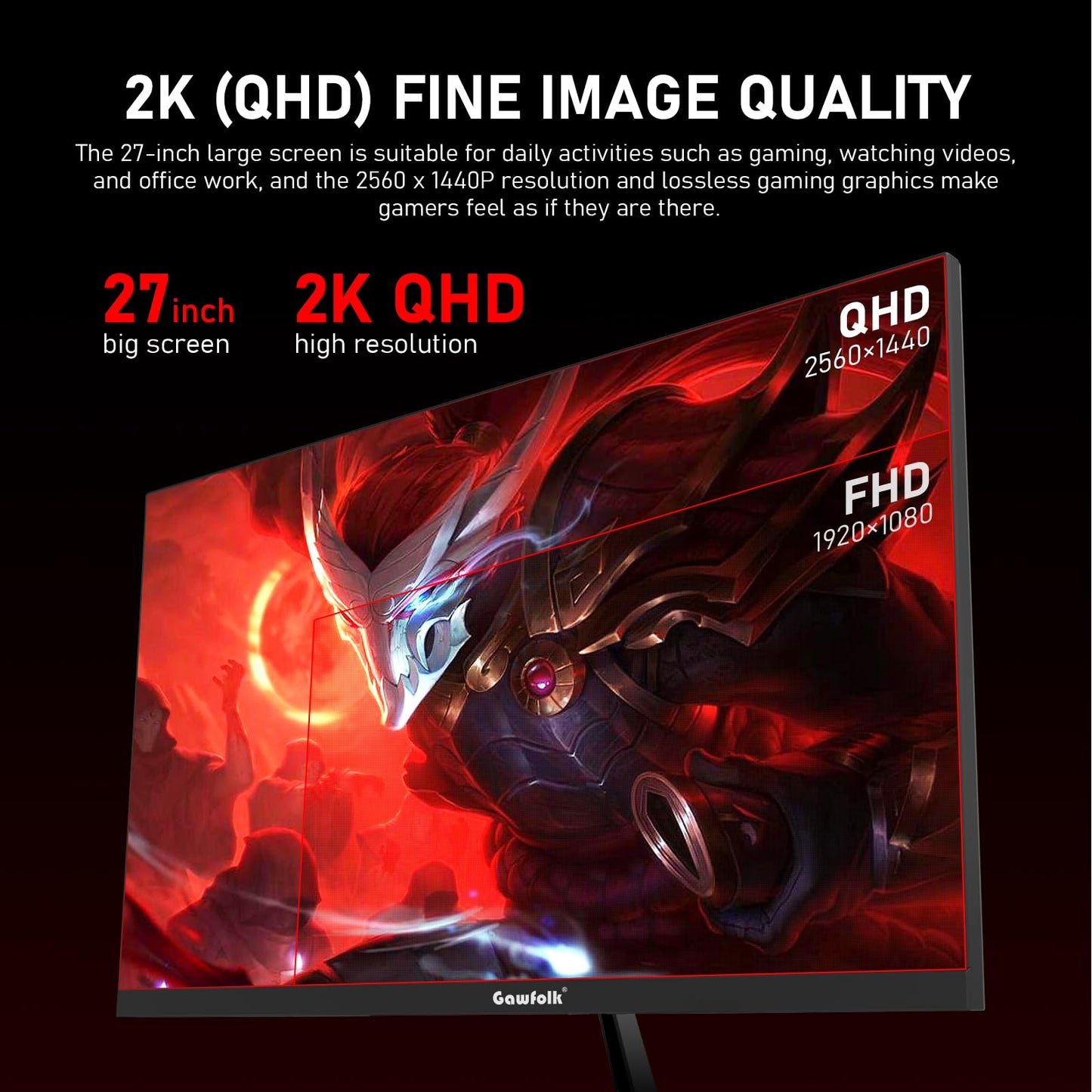 Gawfolk 27 inch 2K QHD(2560×1440) PC Screen, 165Hz Gaming Monitor, 1ms Without Bezel, FreeSync,98% sRGB, 178° Wide Viewing Angle, HDMI2.0、DisplayPort, 75 * 75MM Wall Mount Compatible - Black