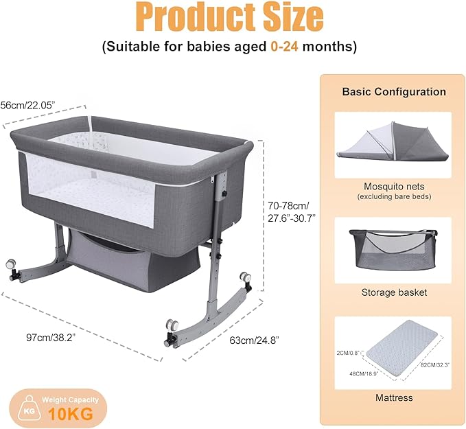 3-in-1 Baby Bassinet Bedside Sleeper for Newborns & Infants - 6-Level Height Adjustable, Portable Convertible Bassinet/Cradle with Mosquito Net, Storage Basket & Wheels,Easy Assemble (Grey)