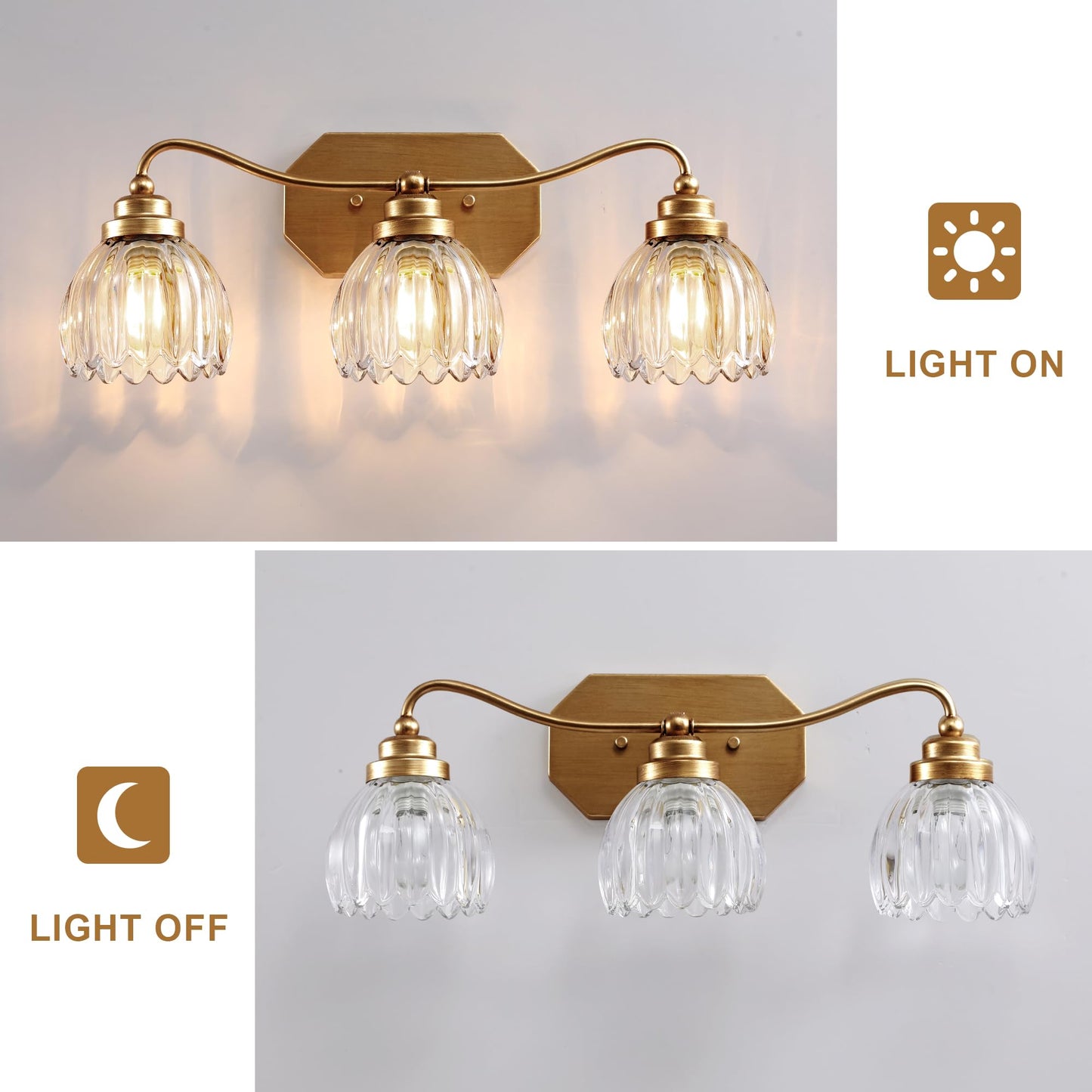 Cmnvmn Vintage Bathroom Light Fixtures  Gold Bathroom Vanity Light  Matte Antique Brass Finish With Crystal Glass Shade  Wall Sconces Lighting For Bedroom  Living Room  Hallway (Gold  3-Light)
