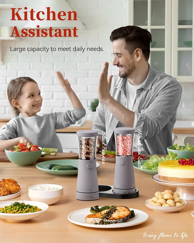 Electric Salt and Pepper Grinder Set with Storage Base, Stainless Steel Rechargeable Salt and Pepper Grinder Set with 4.5 oz Large Capacity, 1.8" Wide Mouth, Adjustable Coarseness, Ideal for Kitchen
