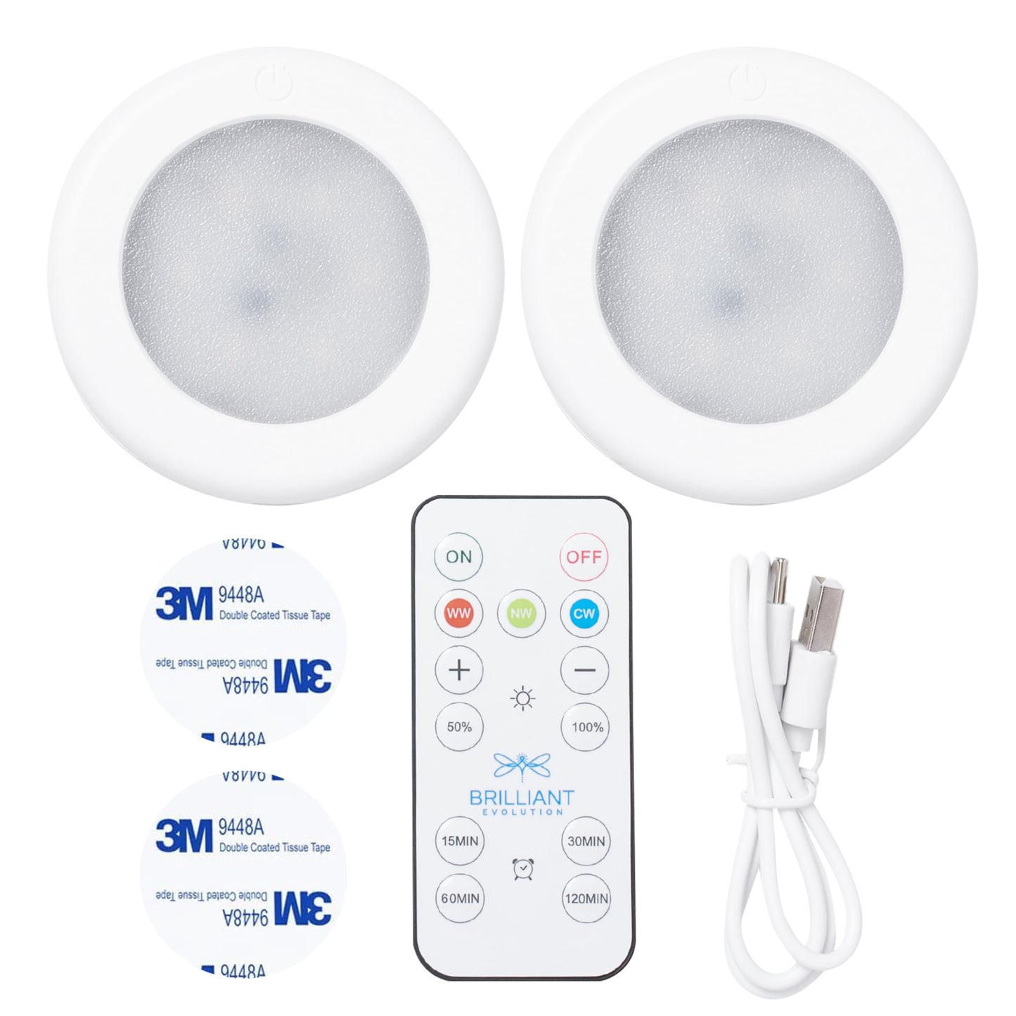 Brilliant Evolution Rechargeable Puck Lights - Dimmable LED with Remote - 3000K Warm White/6000K Cool White - 2 Pack - White
