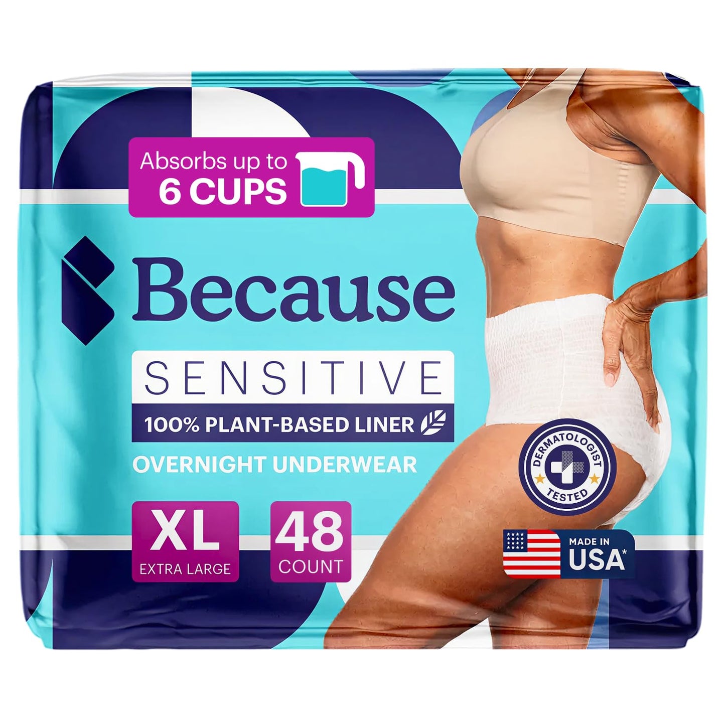 Because Adult Incontinence Underwear for Sensitive Skin - Women - Premium Overnight Disposable Briefs, Anti Odor - White, X-Large - Absorbs 6 Cups - 48 Count (4 Packs of 12)