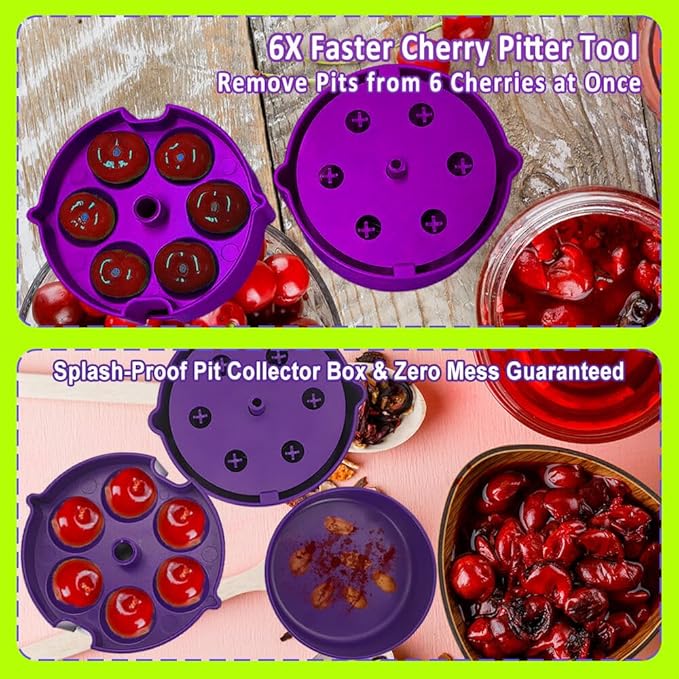 Cherry Pitter – Multi Cherry Tool 6 at Once, Full Detachable Cherry Seed Remover, Fast Cleaning for Baking, Canning, Jam, Dishwasher Safe with Pit Storage Case, (Purple)