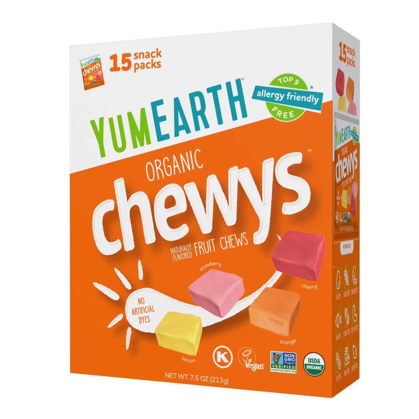 YumEarth Organic Chewys Fruit Flavored Candy Chews - Allergy Friendly, Gluten Free, Non-GMO, Vegan, No Artificial Dyes - Assorte