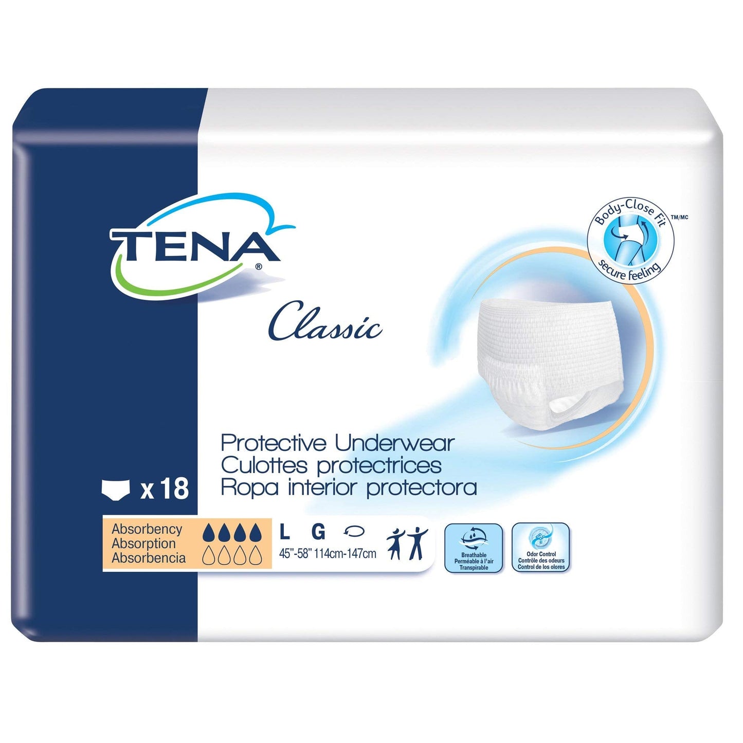 Tena Classic Protective Underwear, Incontinence, Disposable, Moderate Absorbency, Large, 72 Count