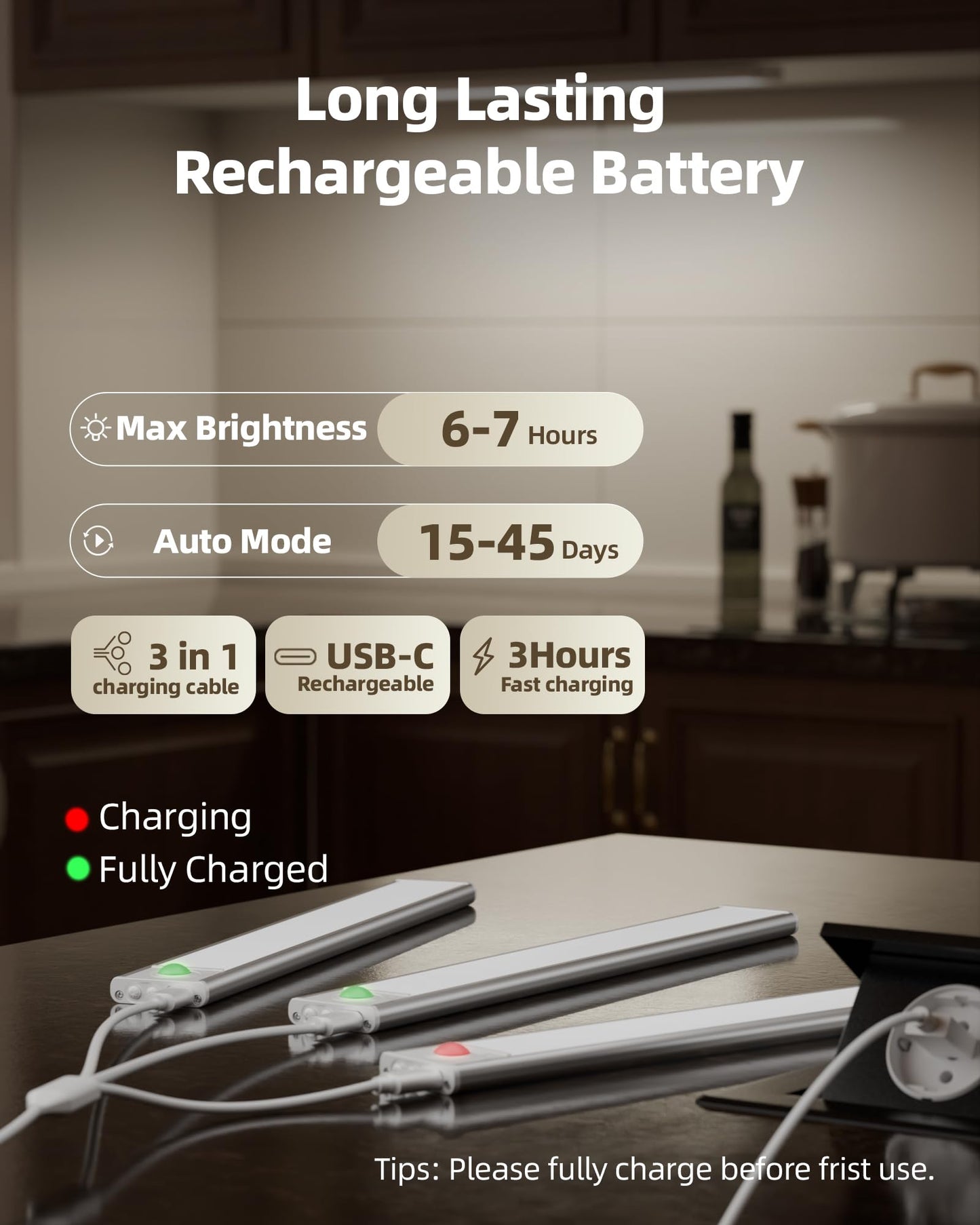 AMETHEUS Under Cabinet Lighting, Wireless Motion Sensor LED Lights, 3 Color Dimmable, 12in, 3 Pack, Rechargeable Battery