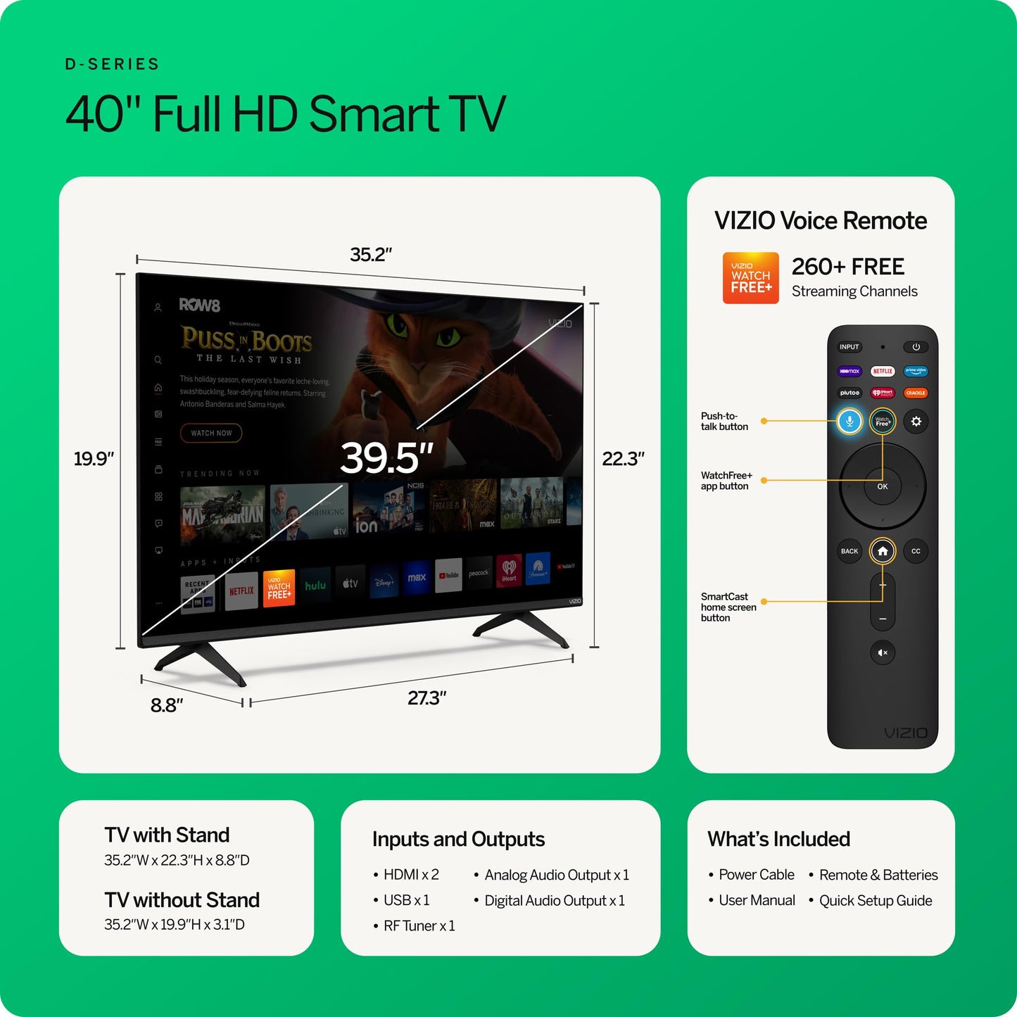 VIZIO 40-in D-Series Full HD 1080p Smart TV with Apple AirPlay and Chromecast Built-in, Alexa Compatibility, D40fM-K09, 2023 Model