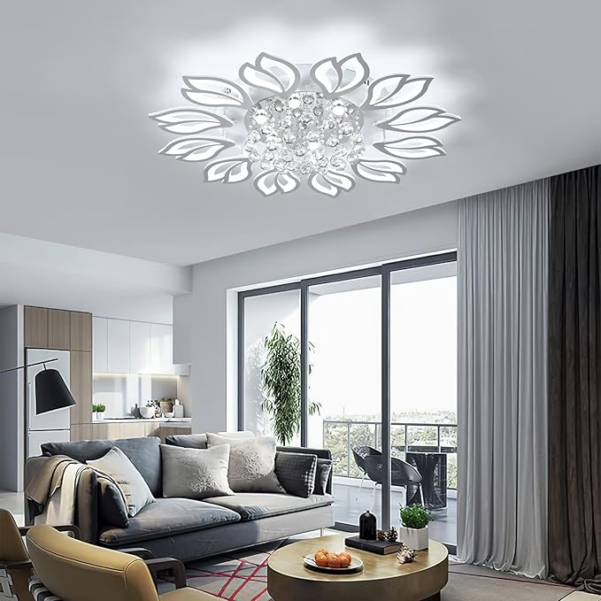 Tioolo Modern Ceiling Lamp, Dimmable LED Ceiling Light, 12-Head Flush Mount Flower Shape Chandelier with Remote, Acrylic Petal Lighting Fixture for Bedroom Kitchen Dining Living Room (55W,White)