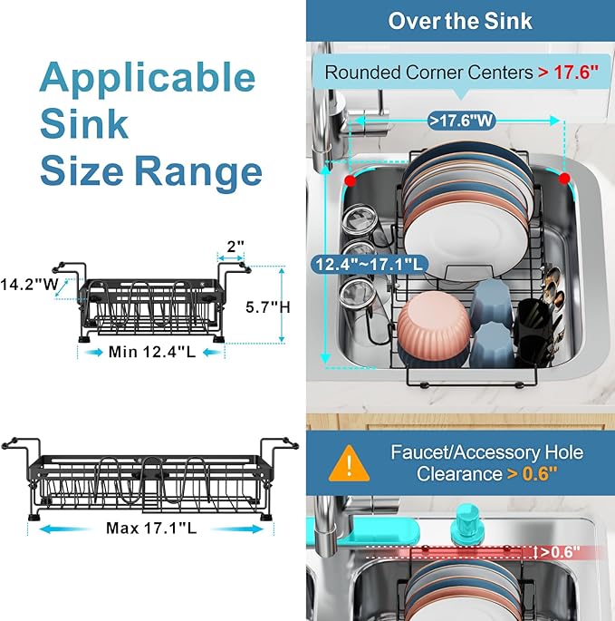 iSPECLE Expandable in Sink Dish Drying Rack - Adjustable Capacity Over The Sink Dish Drainer Drying Rack with Cup Holder for Kitchen, 12.4"-17.1" L x 14.2" W, Black