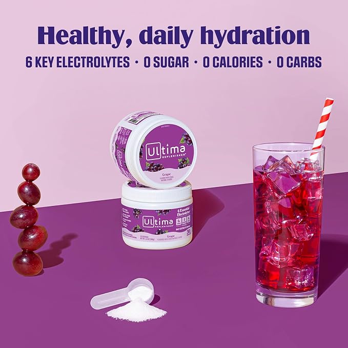 Ultima Replenisher Daily Electrolyte Powder Drink Mix – Sugar Free – Grape, 30 Servings – Hydration Powder with 6 Key Electrolytes and Trace Minerals – Keto Friendly, Vegan, Non-GMO