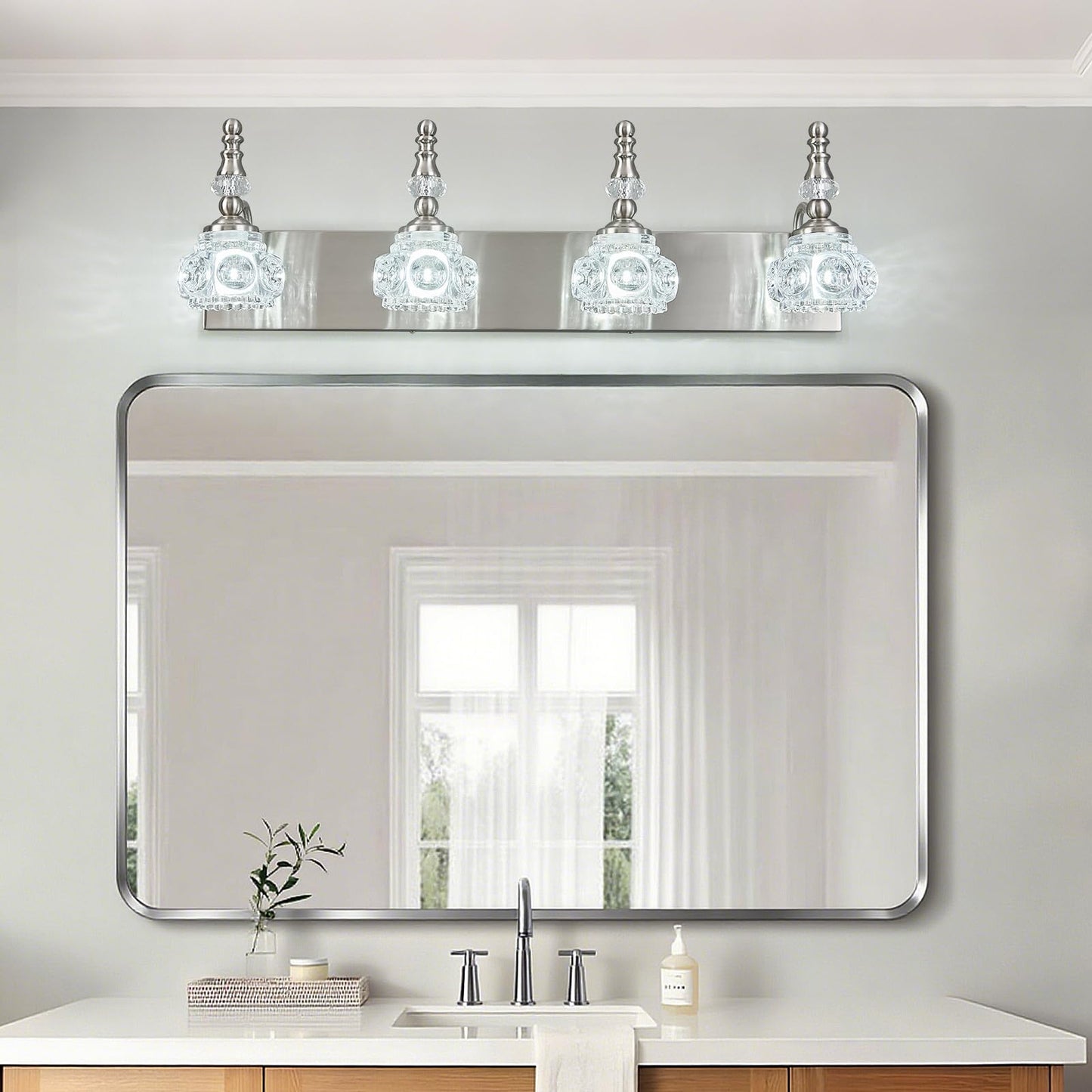Lbsqj Modern Glass Crystal Vanity Light - Vintage Bathroom Lighting Fixtures Over Mirror  4 Light Vanity Lights G9 Bulb (27.55 Inch  Nickel)