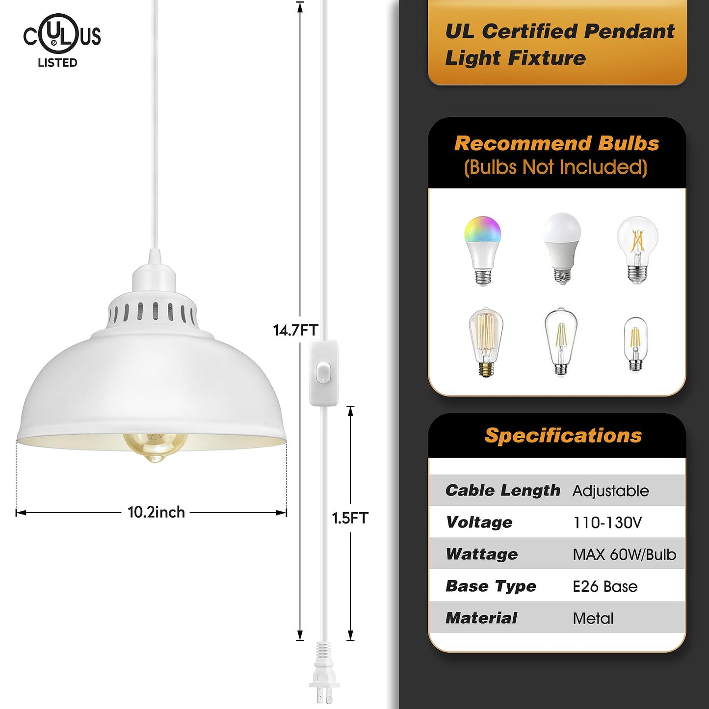 SoodMi Plug in Pendant Light, Industrial Metal Hanging Lamp, 15FT Cord with Switch, Big White, Model PLDG-0015