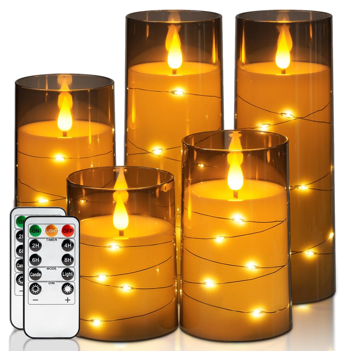 Homemory Flameless Candles with Embedded Star String Fairy Lights, Battery Operated Candles, LED Candle, Fake Candles with Remote Control and Timer for Halloween, Gray Acrylic, Set of 5(H4"5"6"8"8")
