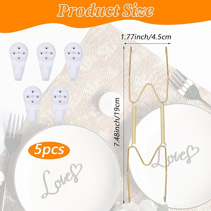 5 Pack Plate Hangers for The Wall Invisible Decorative Wall Plate Holders Stainless Steel Plates Walls Hanger Wire Plates Holder with Hooks for Display Platter Dish Various Sizes