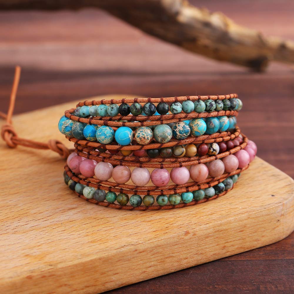 Women Boho 5 Wraps Bracelet Natural Rhodonite Picasso Jasper Turquoise Stone Strand Bracelet Jewlery
