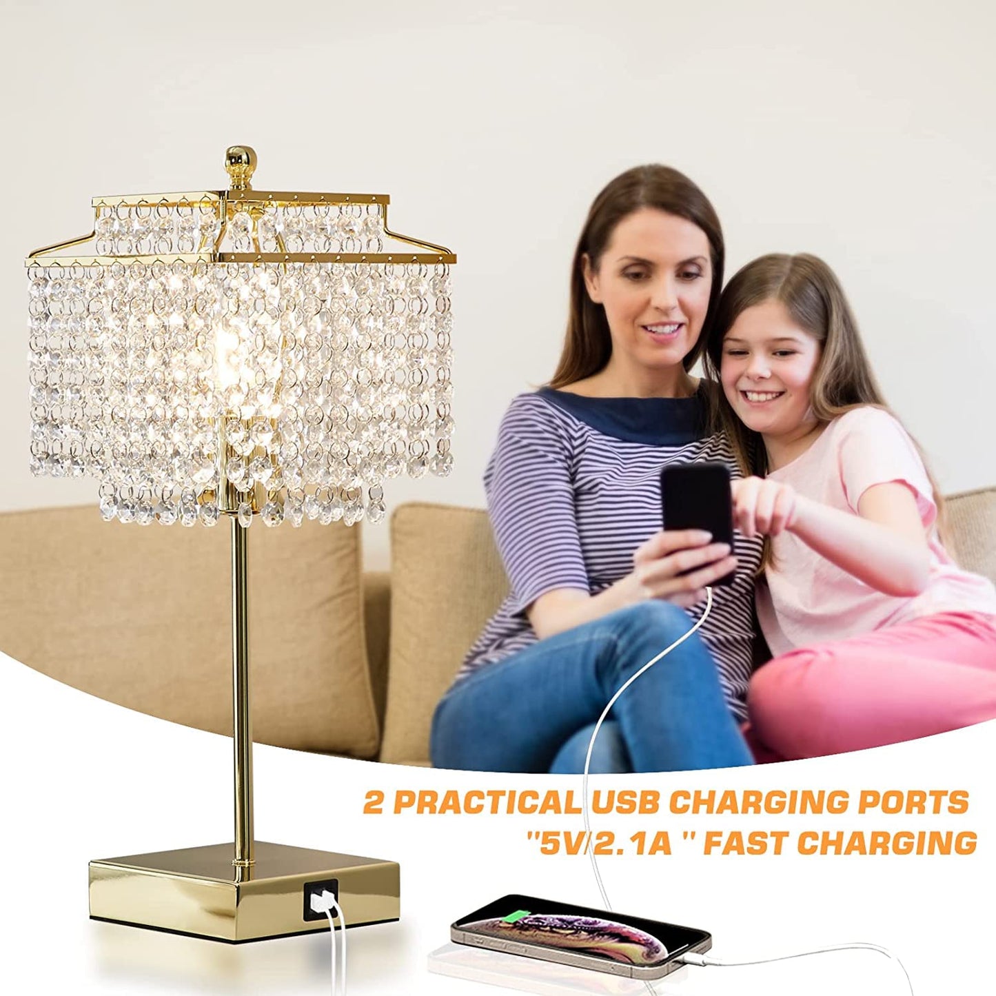 Luvkczc Crystal Table Lamp, Touch Control, 3-Way Dimmable, 6W LED Bulb Included, Gold Finish