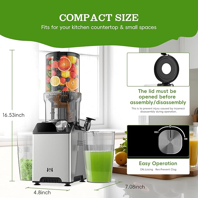 Cold Press Juicer, Juicer Machines with 4.35'' Wide Feed Chute, Stainless Steel Slow Masticating Juicers Easy to Clean, Ergonomic Operational Panel Design, High Juice Yield, Platinum Color Knob