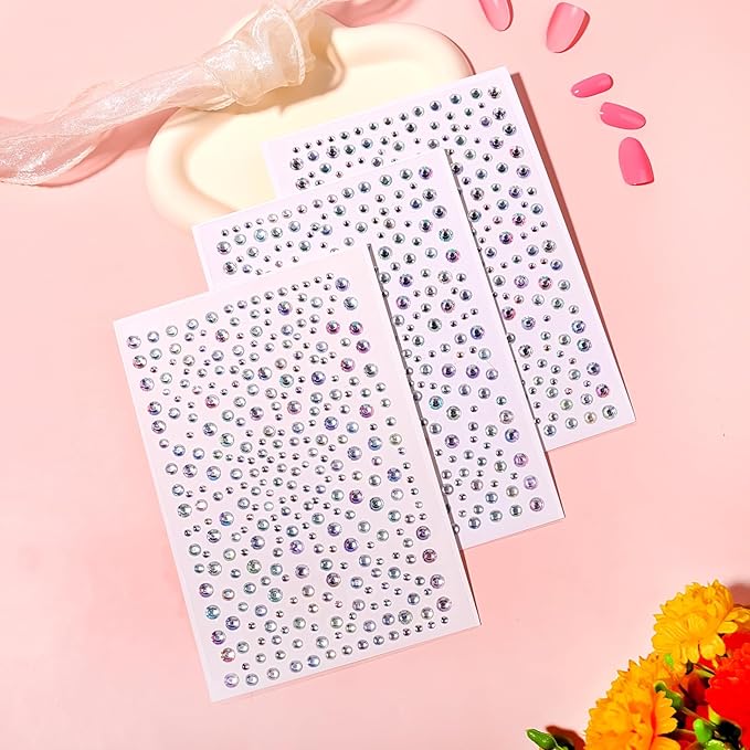 Gem Stickers Jewels for Crafts Rhinestone Stickers Face Gems Pearls for Makeup Stick on Body Dark Color Crystal Clear Decals 3/4/5/6MM Hair Nails Craft DIY Decor 975PCS