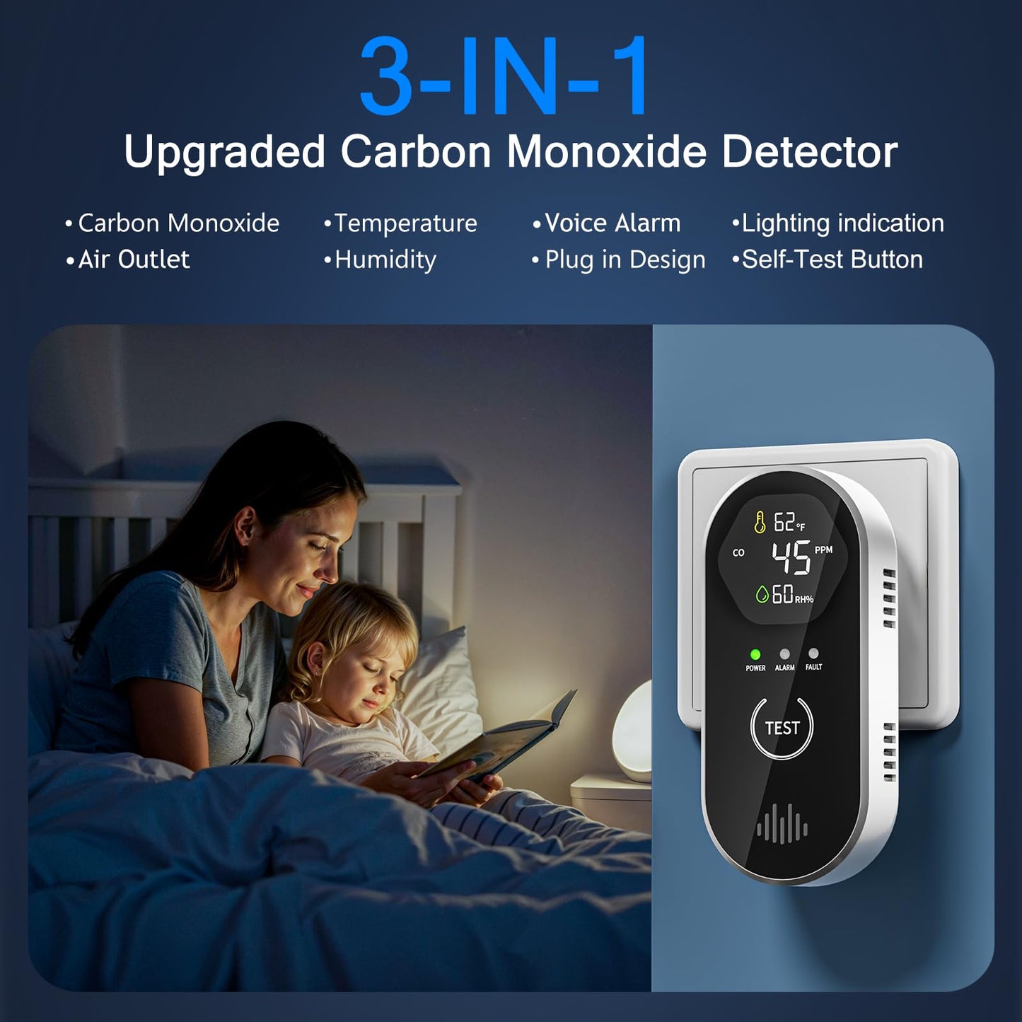 3-in-1 Carbon Monoxide Detectors with Temp & Humid, Plug in, 85dB Audible & Visual CO Alarm, LCD Digital Display, Easy to Install,Test Button, Portable for Bedroom/Office/Camper, Gives Peace of Mind