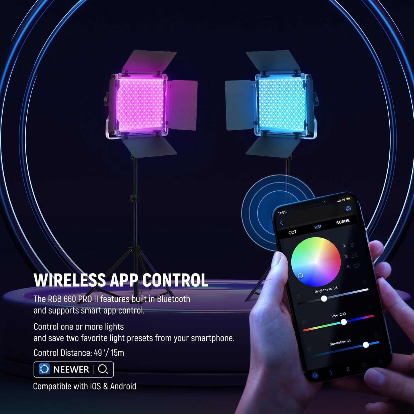 NEEWER Upgraded RGB LED Studio Video Light with Tripod Stand, App Control 50W 7000Lx CRI97+ 3200-5600K Dimmable Panel Key Lighting Kit for Game Streaming YouTube Recording Photography, RGB660 PRO II