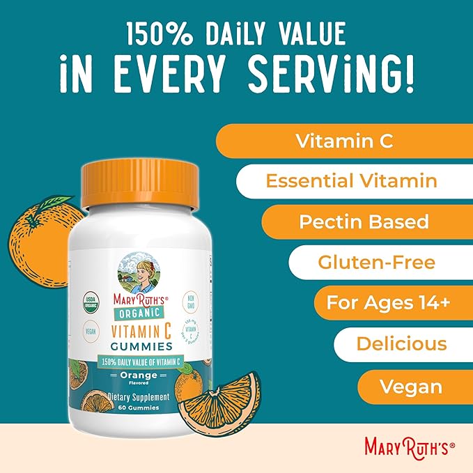 MaryRuth Organics Adult Vitamin C Gummies | USDA Organic | Vegan Chewable Vitamin C Gummies for Ages 4+ | for Immune Support & Overall Wellness | Vegan | Non-GMO | Orange Flavor | 60 Count
