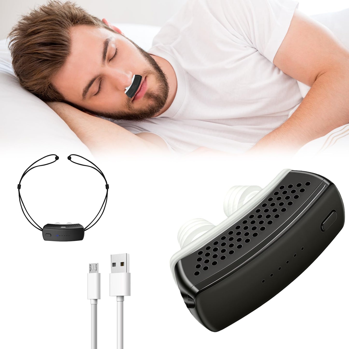 Anti Snoring Devices, Electric Snoring Solution with Adjustable Security Strap, Adjustable 6-Speed, Universal Fit for All Nose Shapes, Portable Sleep Apnea Devices for Men & Women (Charcoal Black)