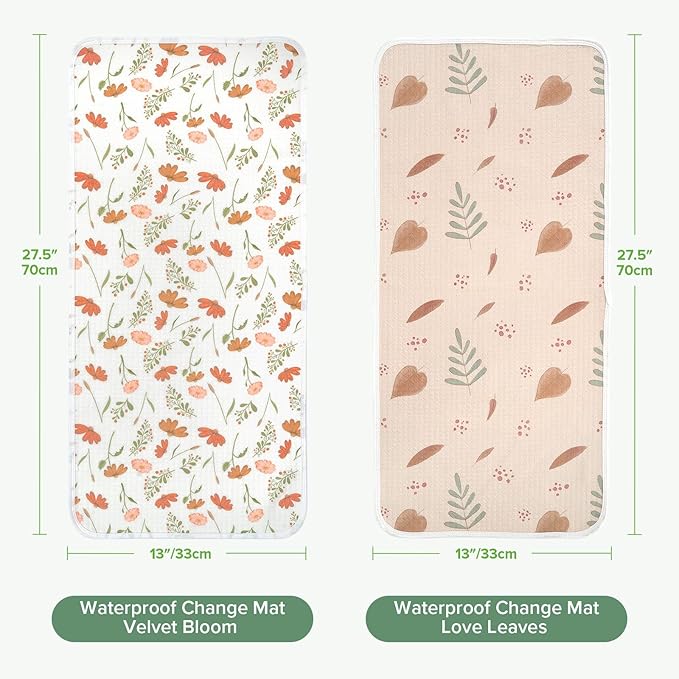 haakaa Waterproof Changing Pad Liners, 100% Cotton, Soft & Breathable (2pcs, 13" x 27.5" Velvet Bloom+Love Leaves)