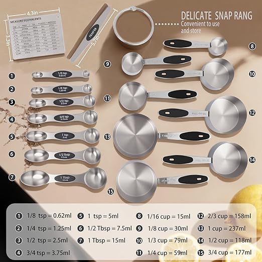 Measuring Cups 17-Piece Stainless Steel Measuring Set, Measuring Cups and Spoons with Leveler, Magnetic Conversion Chart, Black