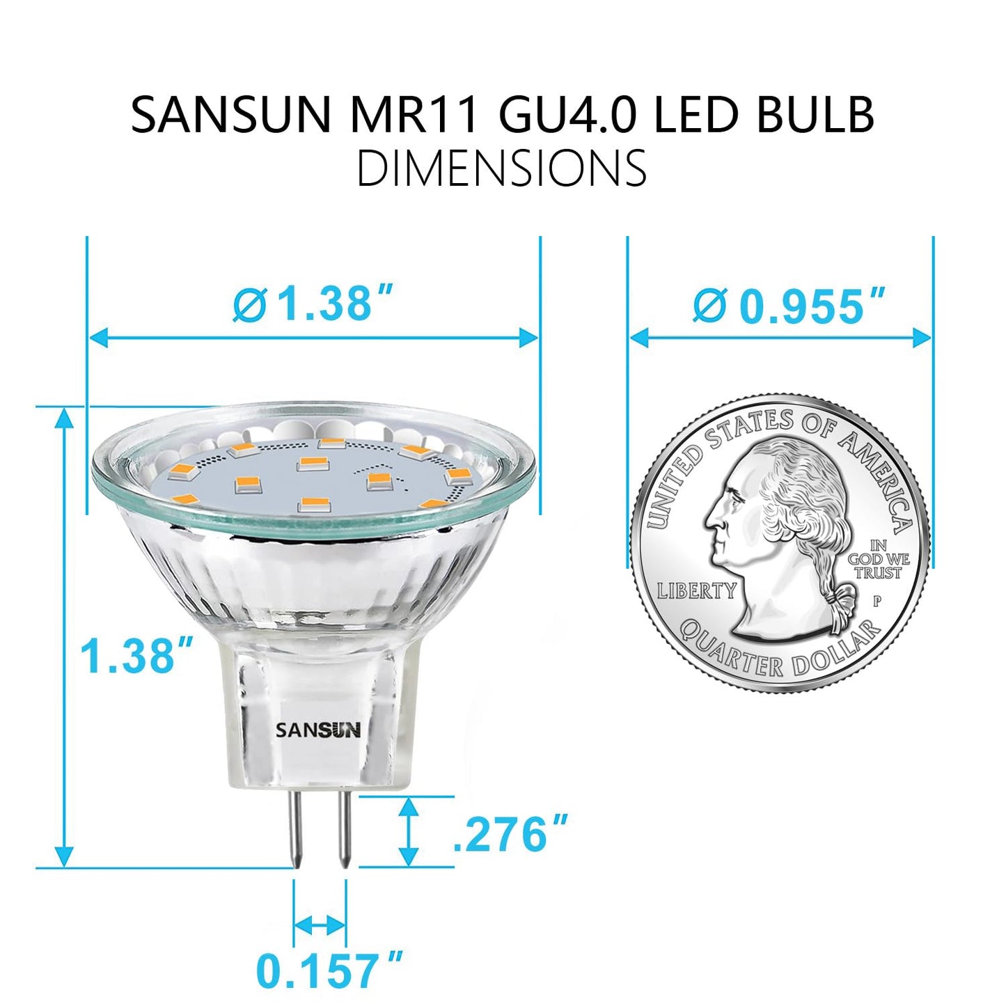 SANSUN MR11 LED Landscape Light Bulbs, 3W GU4 Bi-Pin, Soft White 3000K, Non-Dimmable, 4 Count, Quartz Glass