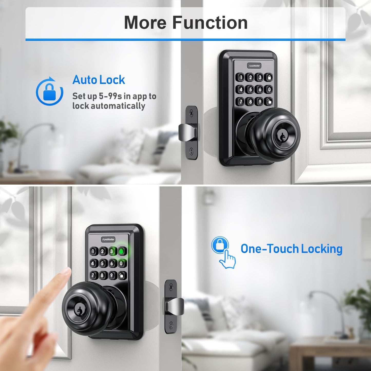 Wi-Fi Keyless Entry Door Lock with Knob - Smart Keypad Door Lock with Handle - Electronic Smart Knob for Front Door - APP Remote Control - No Hub Required - Auto Lock - Easy Installation