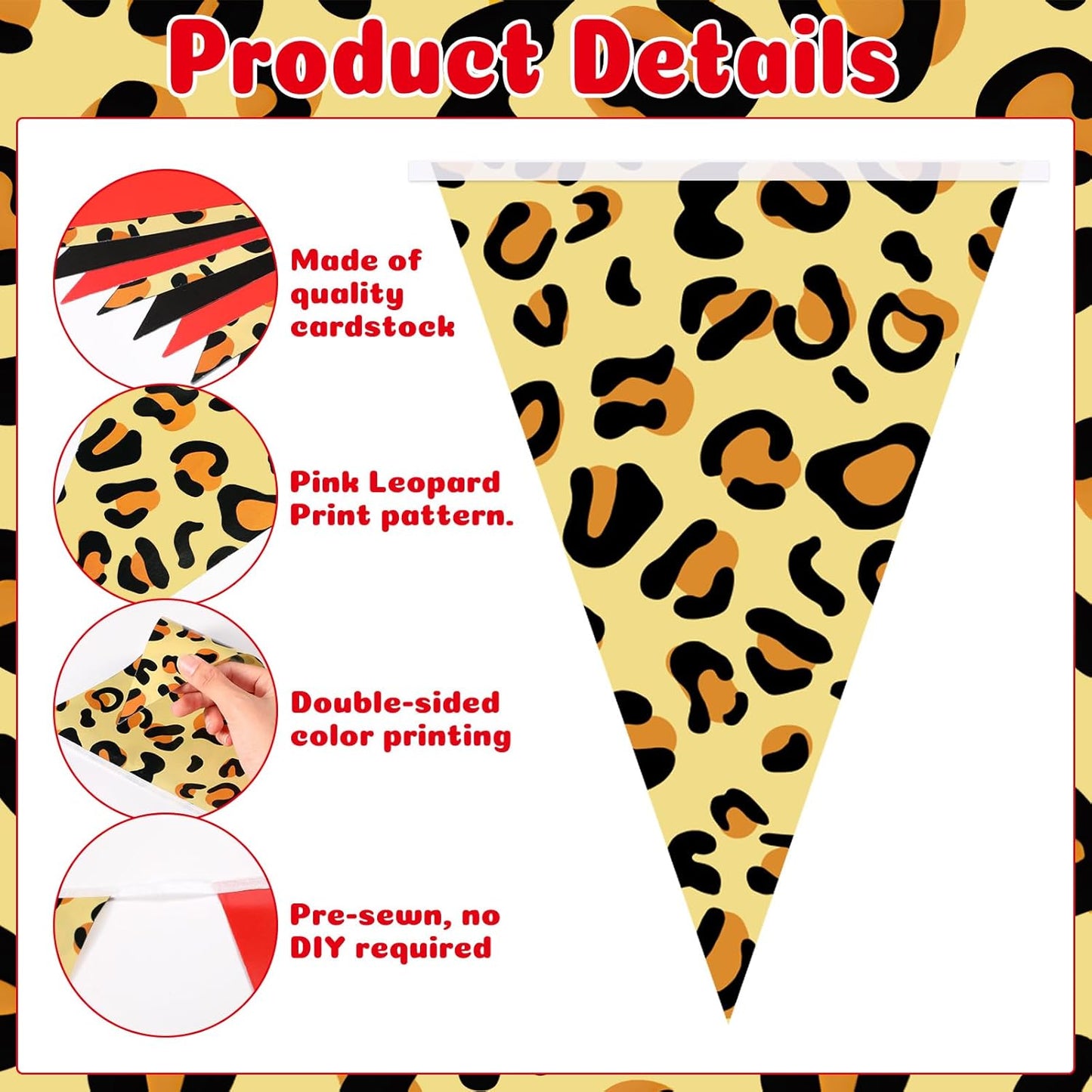 Pasimy 49.21 ft 60 Pieces Cheetah Print Theme Party Pennant Banner Flags Decor Black and Red String Triangle Flags for Baby Shower Family Farm Red Black Birthday Party Decorations Supplies