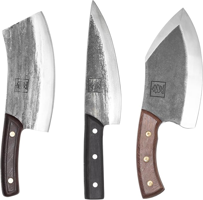 COOLINA Knife Set – Chef, Tungsten & Lixy Knives Bundle – 3-Piece Hand-Forged Carbon Steel Kitchen & BBQ Knives with Wooden Handles – Full Tang Butcher, Cleaver & Cooking Knife Set