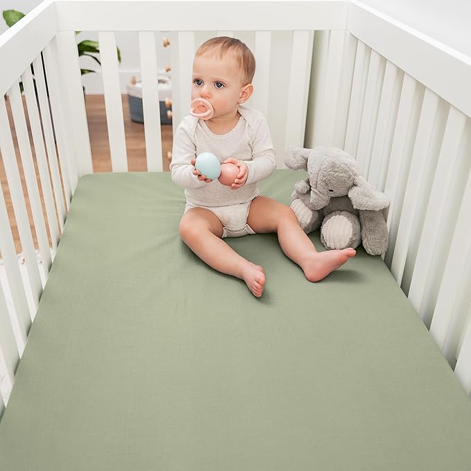Comfy Cubs 100% Muslin Cotton Fitted Crib Sheet - Soft, Standard & Breathable Crib Sheets for Toddler Mattress - Snug Fit, Secure Elastic with Beautiful Packaging for Boys & Girls - Sage