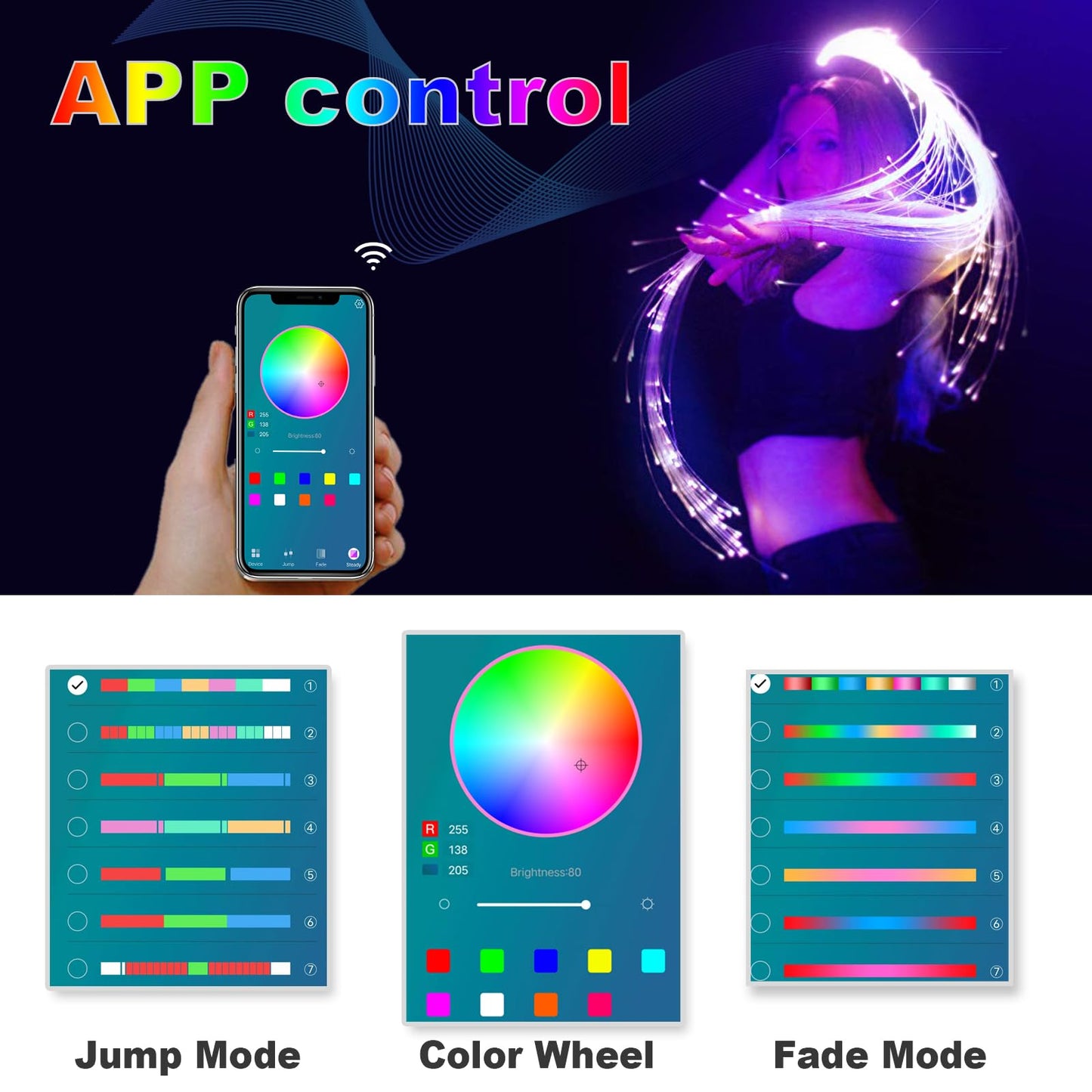 CHINLY LED Whip Lights, Fiber Optic Whip for Dancing, with 40 Color Effect Mode, APP Control and 360°Swivel, Rechargeable Rave Light for Parties, Light Shows, Unique Gifts for Girlfriend,Girl,Wife