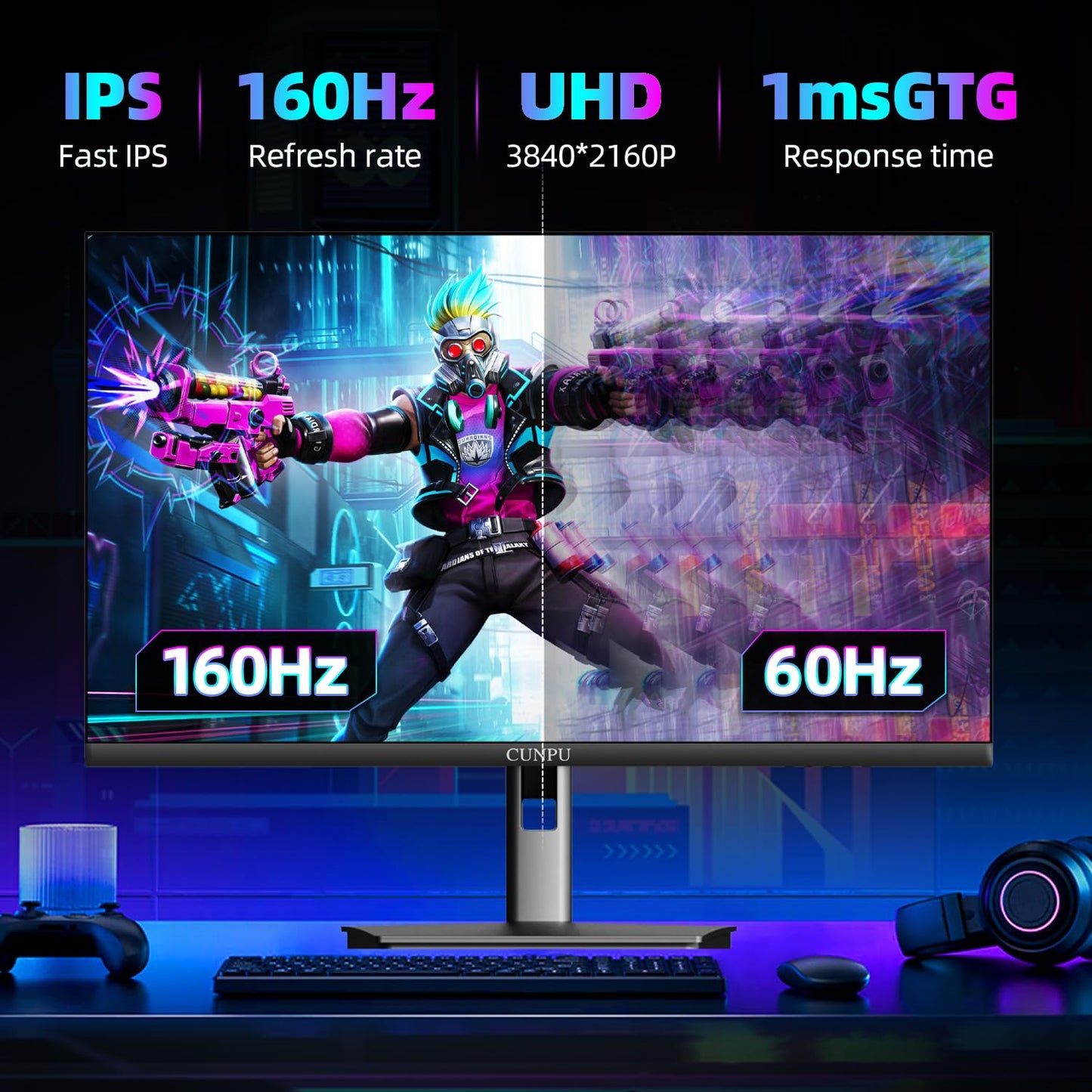 CUNPU 27 Inch 4K 144/160Hz Gaming Monitor, UHD 3840x2160 Fast IPS Panel PC Monitor, 135% sRGB, HDR400Nit, Freesync & G-sync, Support PS5 Xbox 4K 120Hz, HDMI 2.1,DP 1.4, Height/Vertical Adjustment