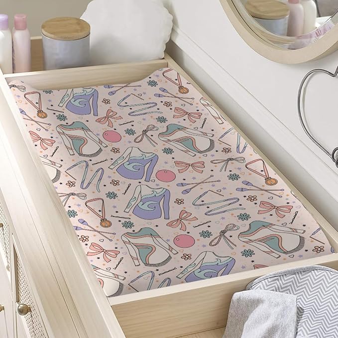 Cute Girl Gymnastics Baby Changing Pad Covers for Girls 32''x16'' Gymnast Ball Ribbon Floral Fitted Diaper Changing Table Sheets Comfort Soft Breathable Baby Change Table Mats Pink