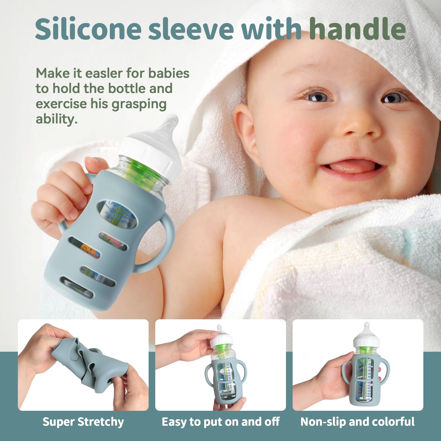 3 Pack Silicone Sleeves for Dr Brown Wide-Neck Glass Baby Bottles, Food GradeAnti Breakage Baby Bottle Holder with Handles and 3pcs Travel Bottle Caps, 9oz