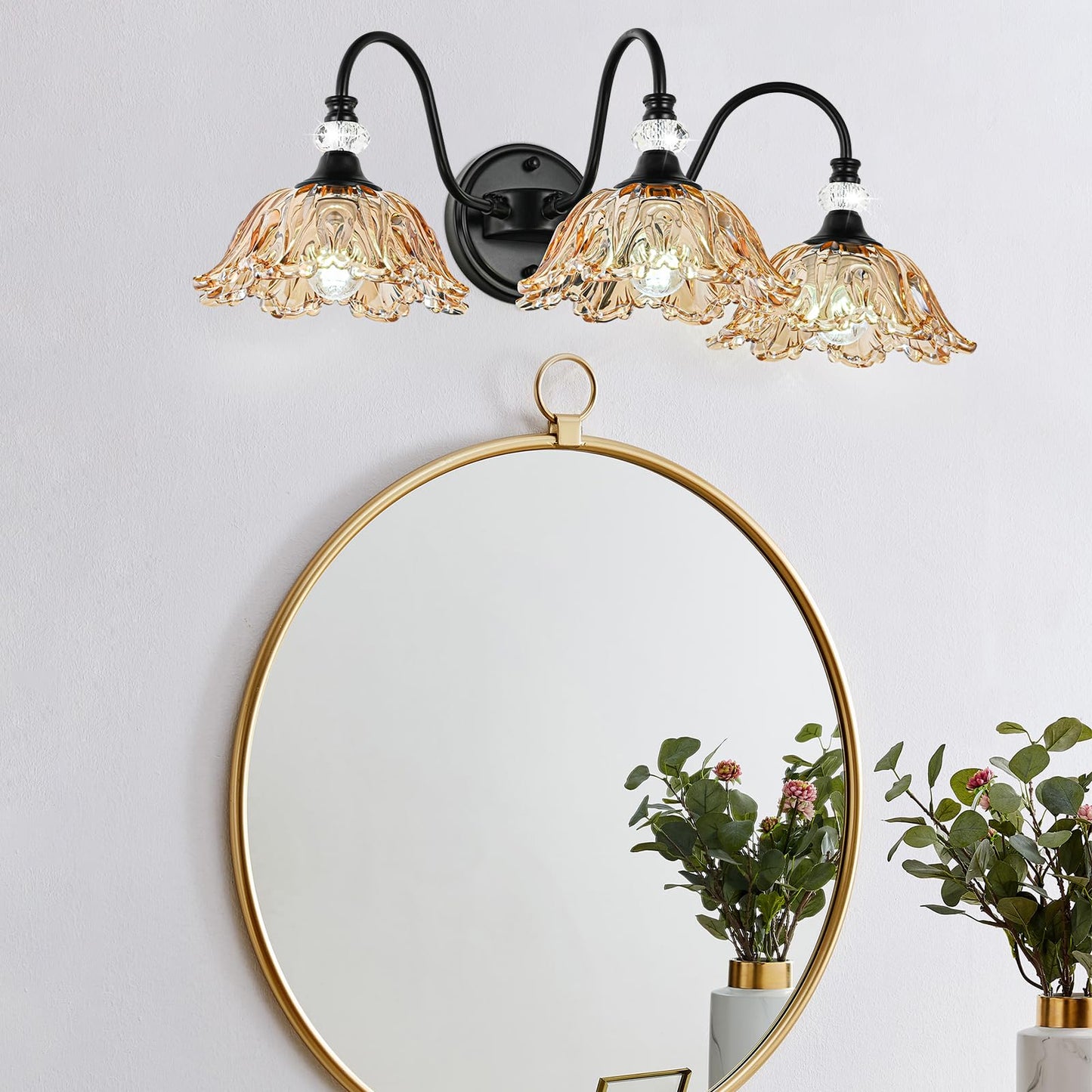 Sunkryster Black Bathroom Vanity Light 3-Light Vanity Light With Floral Amber Glass Shades Vintage Farmhouse Wall Mount Lighting For Bathroom  Dressing Table