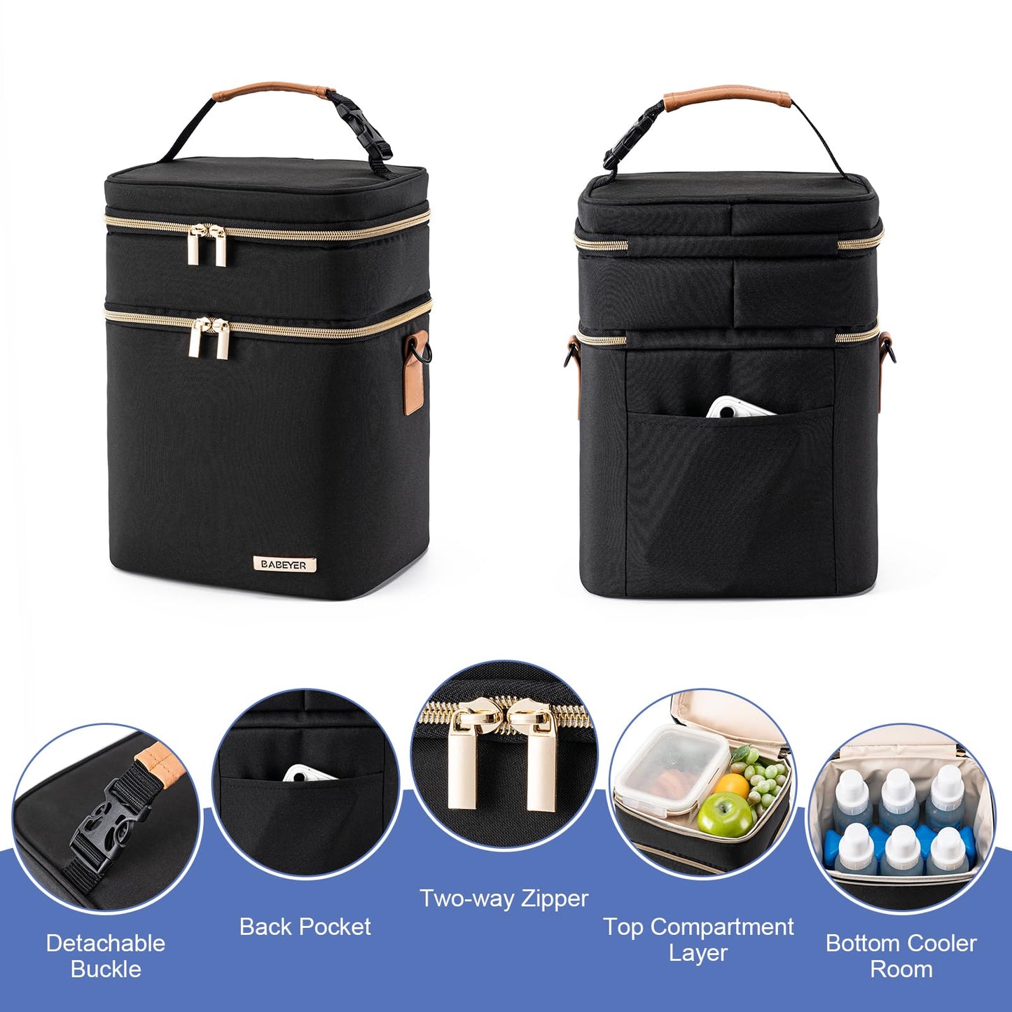 BABEYER Breastmilk Cooler Bag with Ice Pack Fits 6 Baby Bottles Up to 9 Ounce, Double Deck Leak-Proof Baby Bottles Bag with Shoulder Strap for Nursing & Working Mom, Black