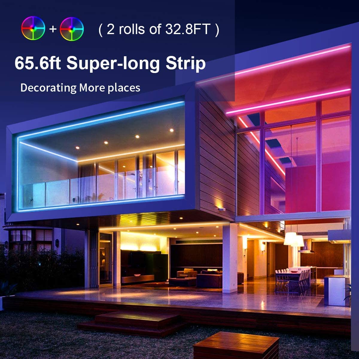 MIHEAL Led Strip Lights - 65.6Ft RGB Color Changing, Bluetooth App Controlled, Music Sync, Plastic, White