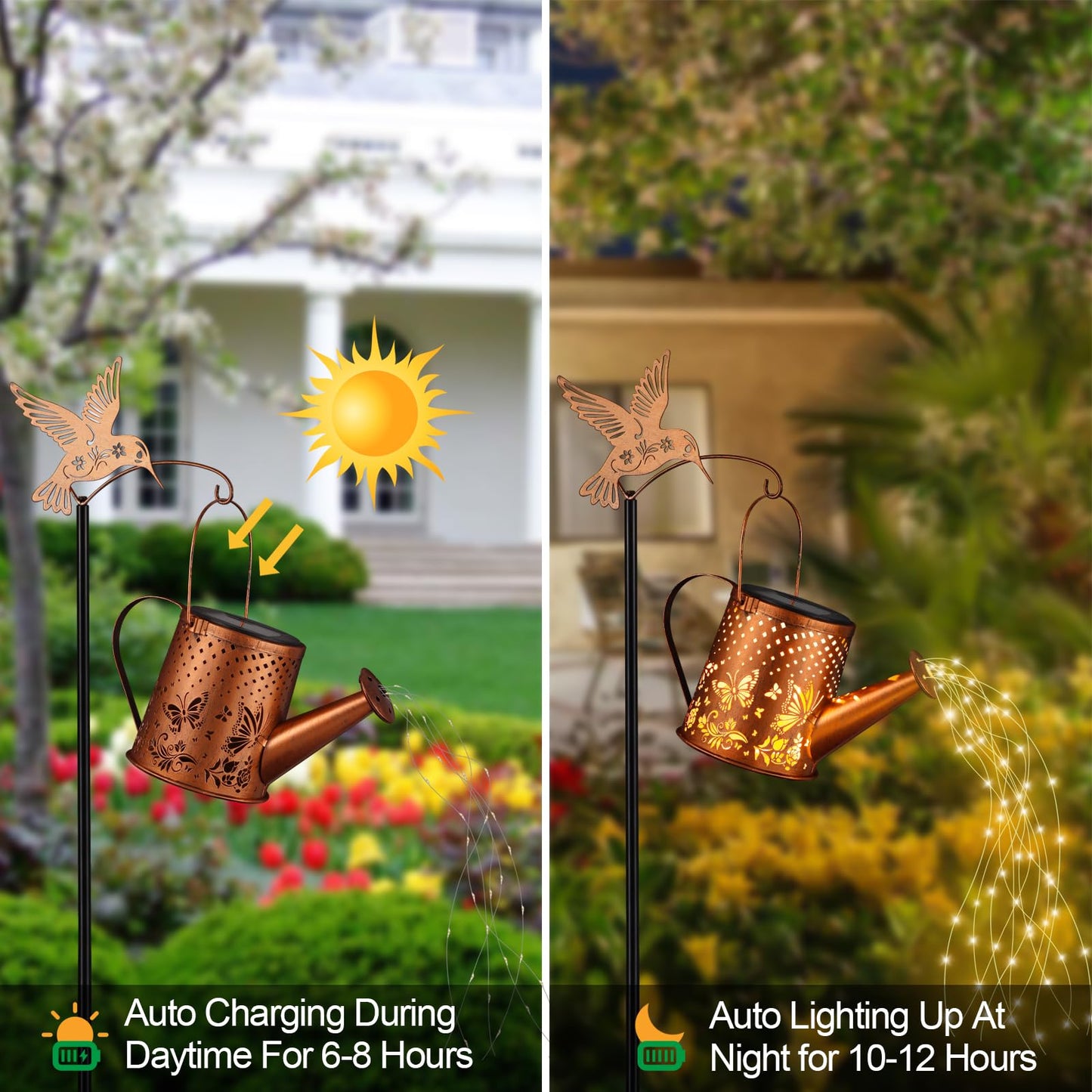 Outdoor Hanging Solar Lantern Waterproof Set Outside Metal Openwork Butterfly Watering Can Landscape Lights For Garden Yard Patio Pathway Decor Birthday Gifts For Women Mom Grandma -With Floor Pole