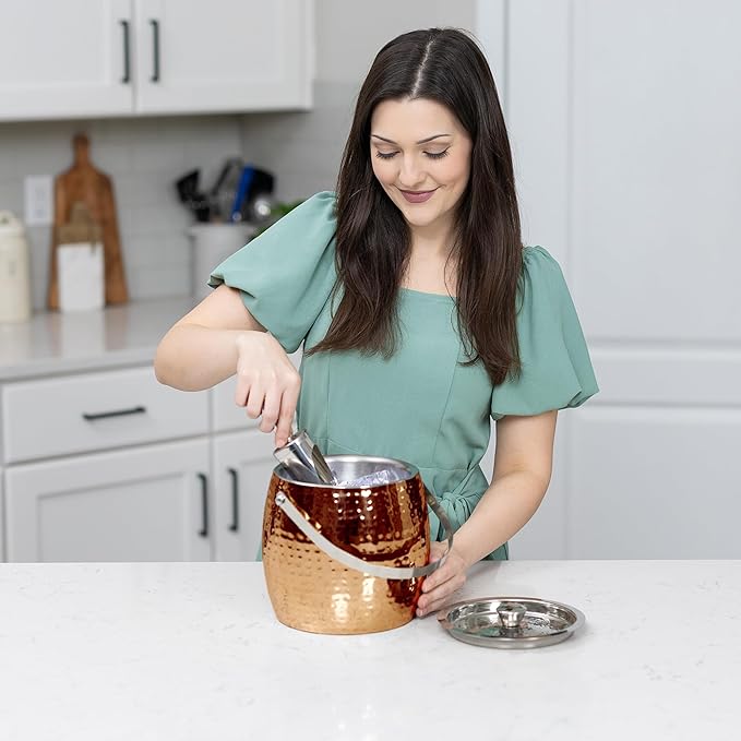 BREKX 3QT Insulated Ice Bucket for Parties with Lid and Scoop- Sweat-Free One Bottle Wine Chiller/Champagne Bucket or Ice Bucket for Cocktail Bar, Leak Proof & Easy to Clean, Rose Gold