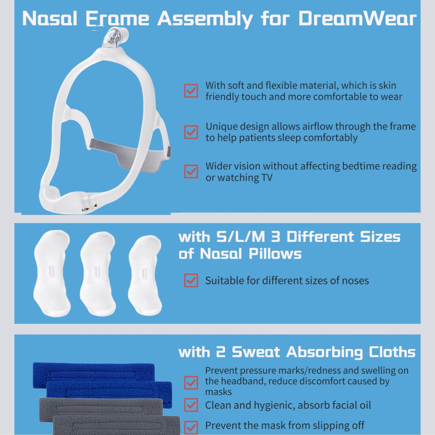 Gbbazu Nasal Frame Assembly for DreamWear, Upgrade Nasal Mask Frame with Headgear, Silicone Soft Perfect Sealing Nose Masks with Headgear, Frame, Tube, 3 Size Nasal Pillow and Absorbent Cloth